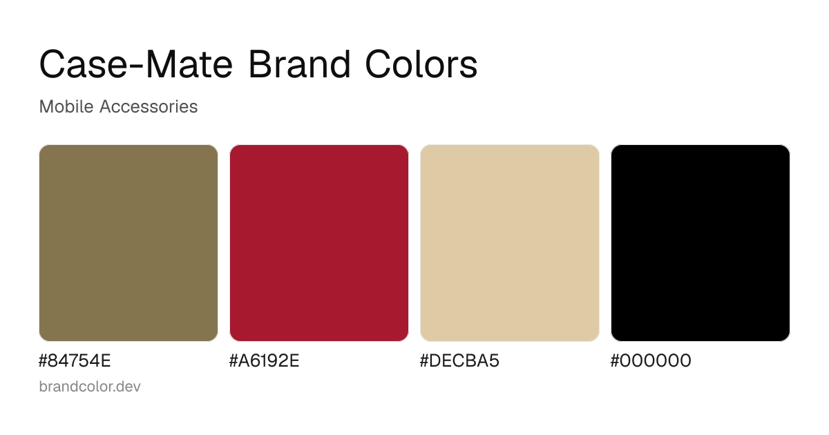 Case-Mate brand color palette with hex codes: #84754E, #A6192E, #DECBA5, #000000
