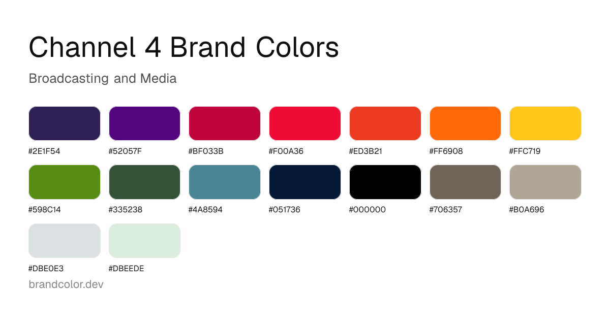Channel 4 brand color palette with hex codes: #2E1F54, #52057F, #BF033B, #F00A36, #ED3B21, #FF6908, #FFC719, #598C14, #335238, #4A8594, #051736, #000000, #706357, #B0A696, #DBE0E3, #DBEEDE