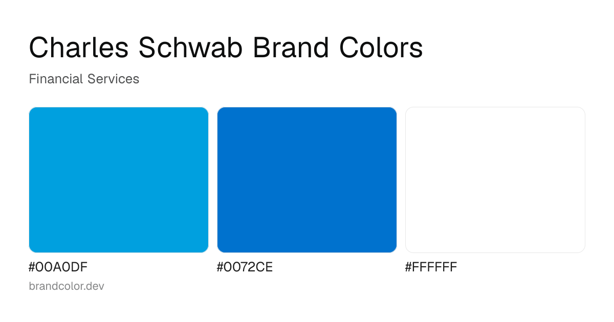 Charles Schwab brand color palette with hex codes: #00A0DF, #0072CE, #FFFFFF