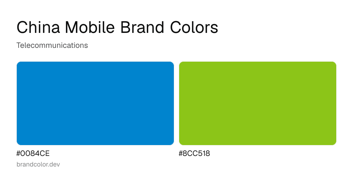 China Mobile brand color palette with hex codes: #0084CE, #8CC518