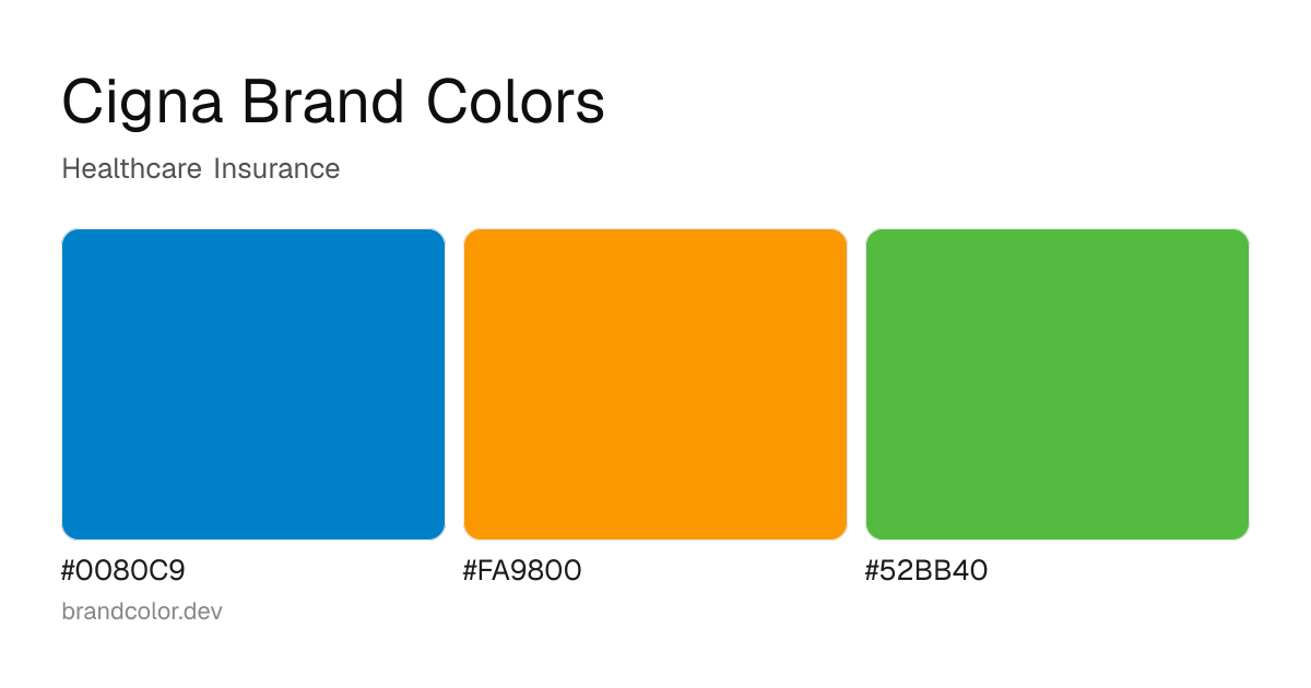 Cigna brand color palette with hex codes: #0080C9, #FA9800, #52BB40