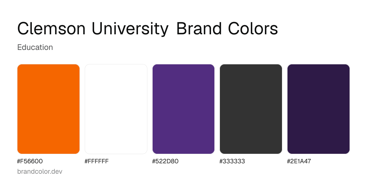 Clemson University brand color palette with hex codes: #F56600, #FFFFFF, #522D80, #333333, #2E1A47