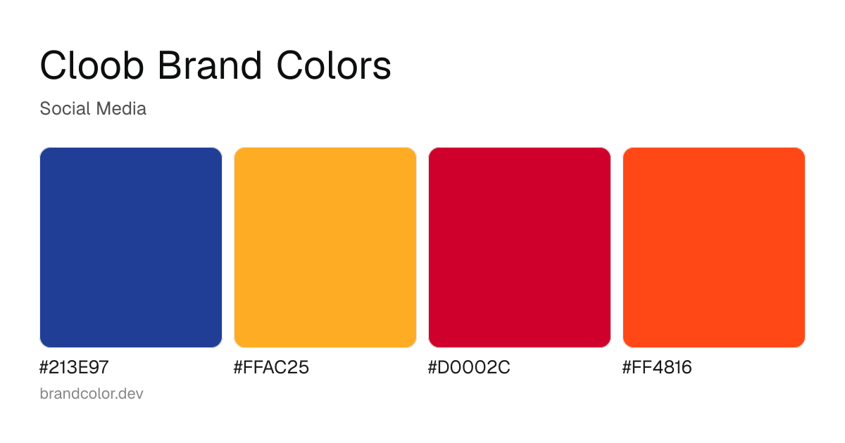 Cloob brand color palette with hex codes: #213E97, #FFAC25, #D0002C, #FF4816