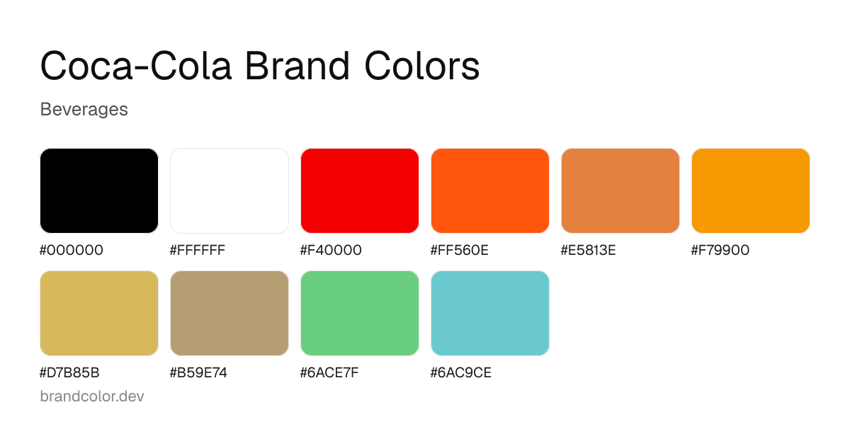 Coca-Cola brand color palette with hex codes: #000000, #FFFFFF, #F40000, #FF560E, #E5813E, #F79900, #D7B85B, #B59E74, #6ACE7F, #6AC9CE