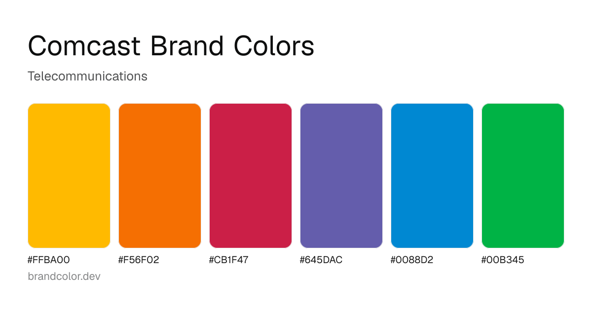 Comcast brand color palette with hex codes: #FFBA00, #F56F02, #CB1F47, #645DAC, #0088D2, #00B345