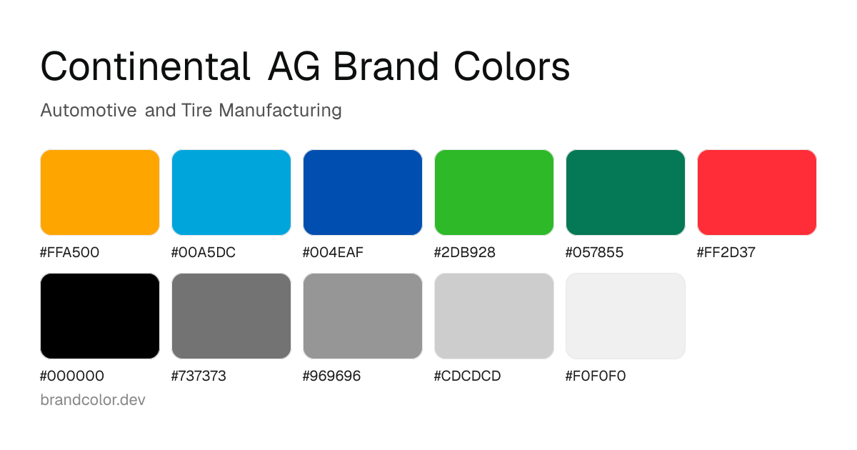 Continental AG brand color palette with hex codes: #FFA500, #00A5DC, #004EAF, #2DB928, #057855, #FF2D37, #000000, #737373, #969696, #CDCDCD, #F0F0F0