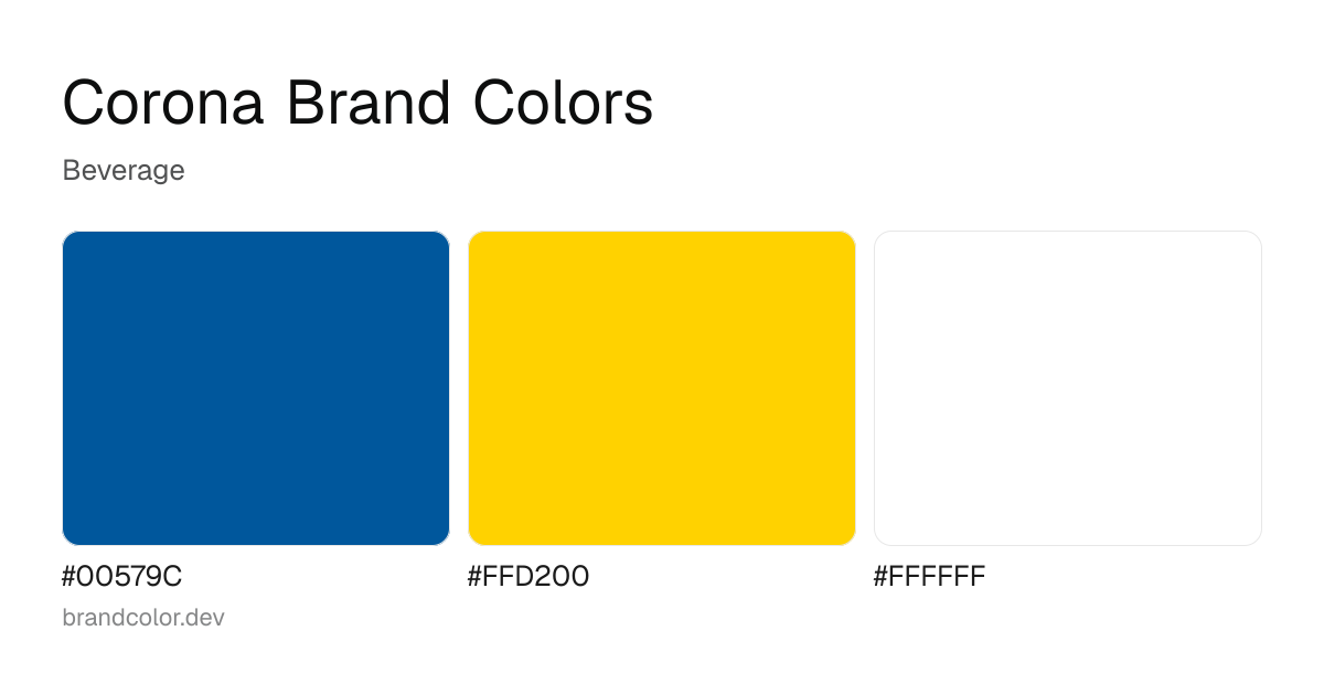Corona brand color palette with hex codes: #00579C, #FFD200, #FFFFFF