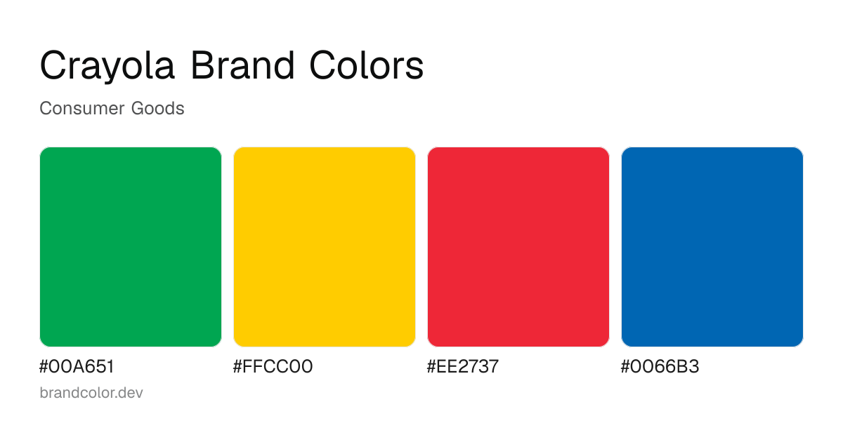 Crayola brand color palette with hex codes: #00A651, #FFCC00, #EE2737, #0066B3