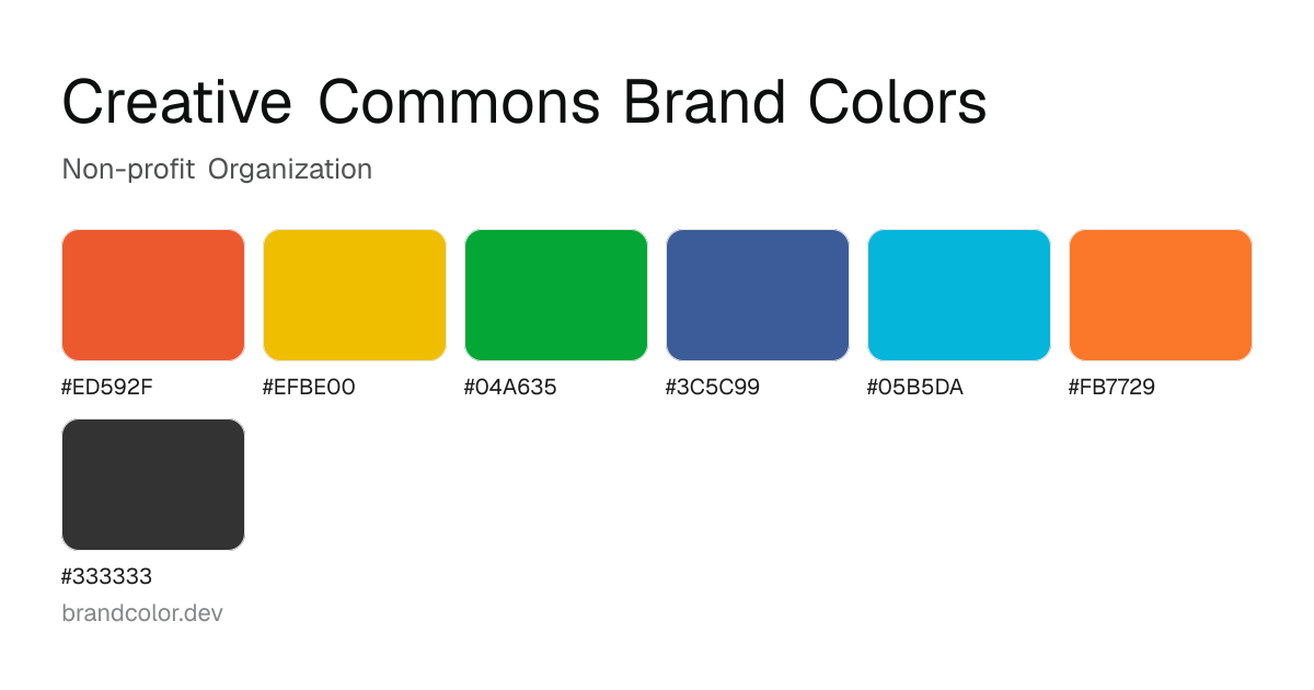 Creative Commons brand color palette with hex codes: #ED592F, #EFBE00, #04A635, #3C5C99, #05B5DA, #FB7729, #333333