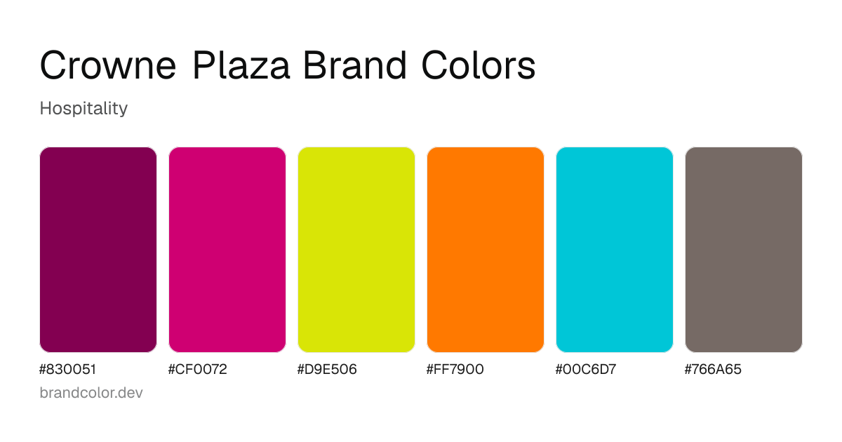 Crowne Plaza brand color palette with hex codes: #830051, #CF0072, #D9E506, #FF7900, #00C6D7, #766A65