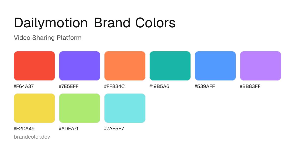 Dailymotion brand color palette with hex codes: #F64A37, #7E5EFF, #FF834C, #19B5A6, #539AFF, #BB83FF, #F2DA49, #ADEA71, #7AE5E7