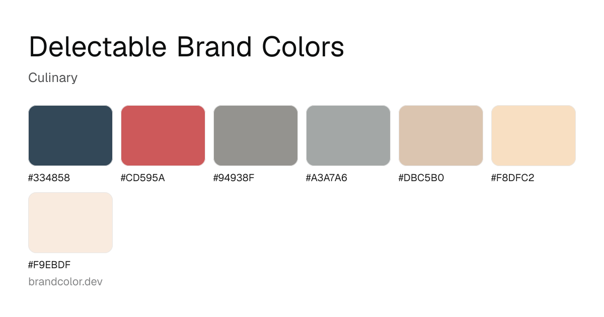 Delectable brand color palette with hex codes: #334858, #CD595A, #94938F, #A3A7A6, #DBC5B0, #F8DFC2, #F9EBDF