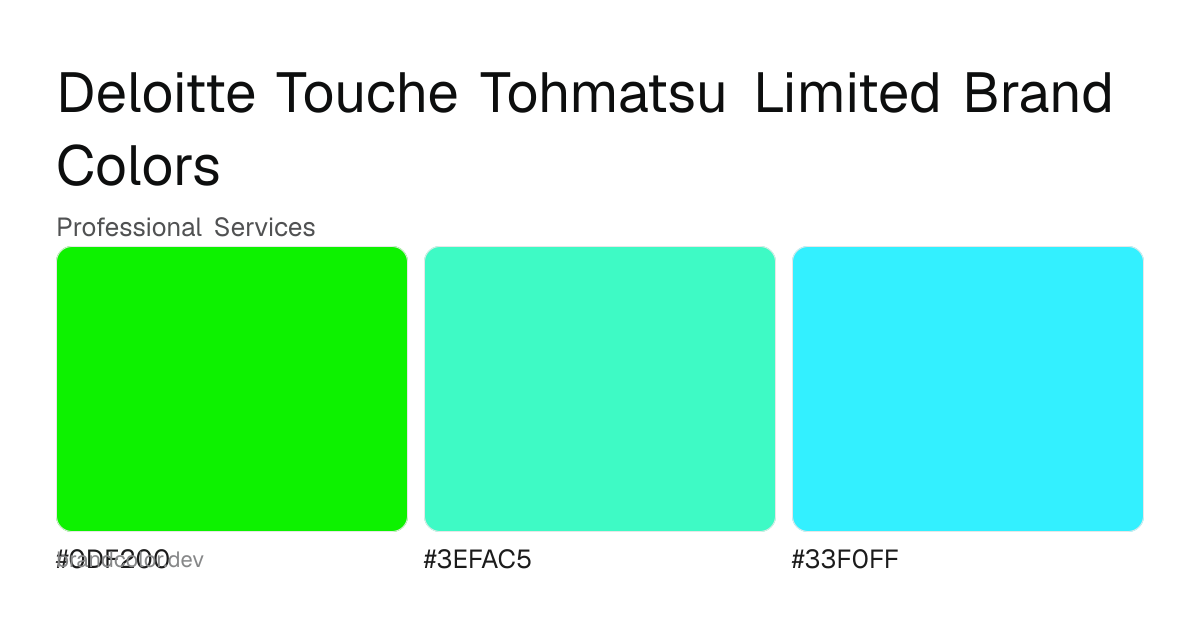Deloitte Touche Tohmatsu Limited brand color palette with hex codes: #0DF200, #3EFAC5, #33F0FF