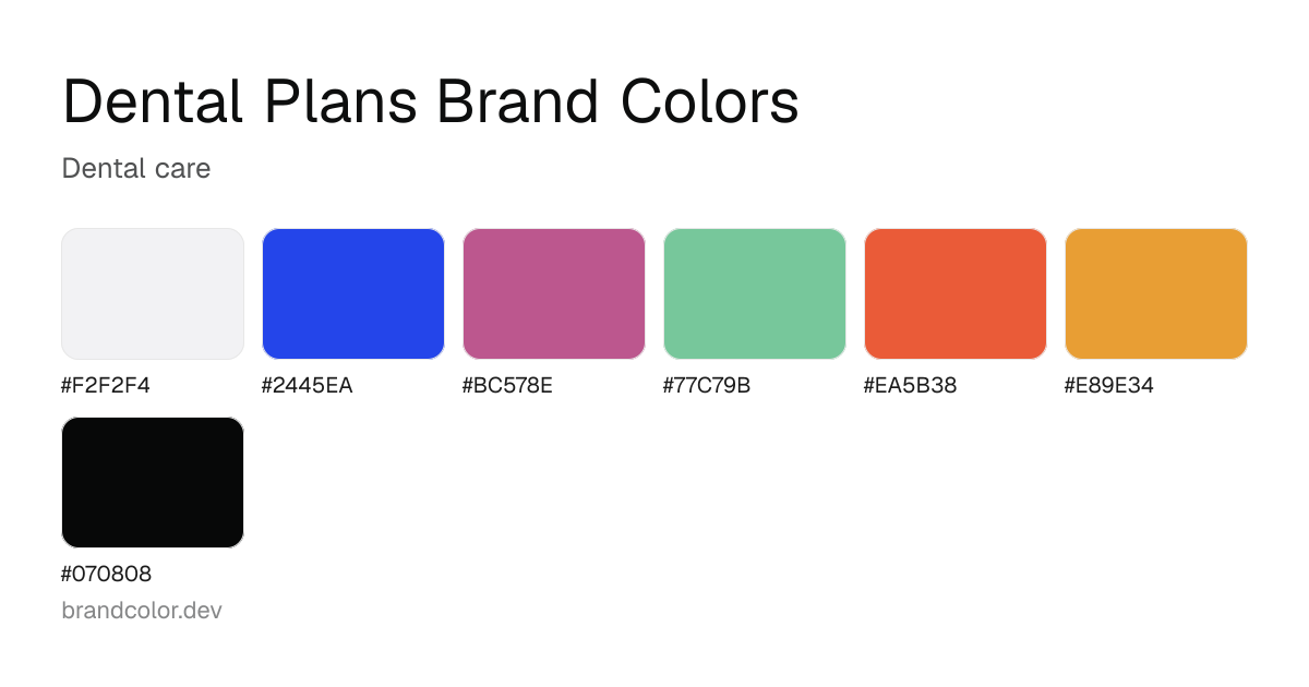 Dental Plans brand color palette with hex codes: #F2F2F4, #2445EA, #BC578E, #77C79B, #EA5B38, #E89E34, #070808
