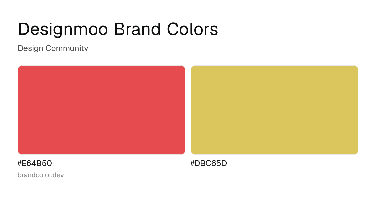 Designmoo brand color palette with hex codes: #E64B50, #DBC65D