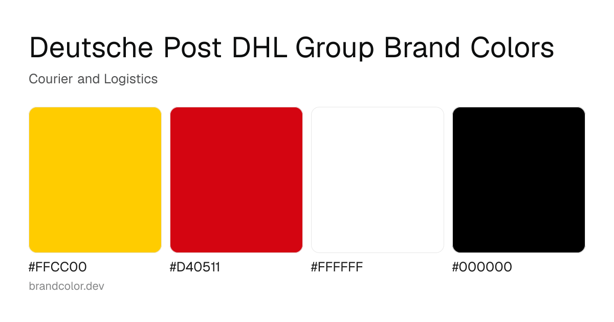Deutsche Post DHL Group brand color palette with hex codes: #FFCC00, #D40511, #FFFFFF, #000000