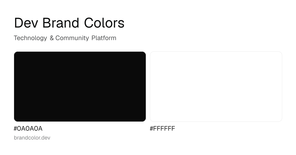Dev brand color palette with hex codes: #0A0A0A, #FFFFFF