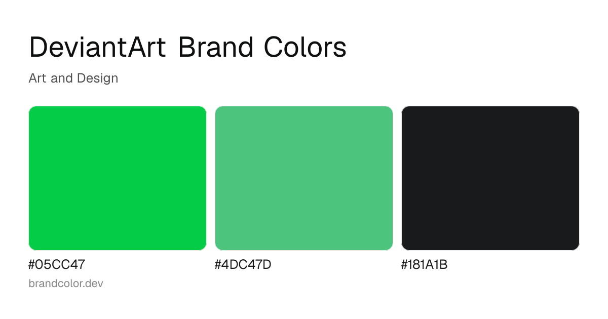DeviantArt brand color palette with hex codes: #05CC47, #4DC47D, #181A1B