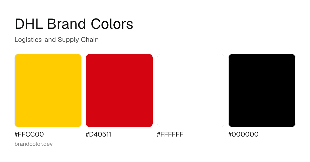 DHL brand color palette with hex codes: #FFCC00, #D40511, #FFFFFF, #000000