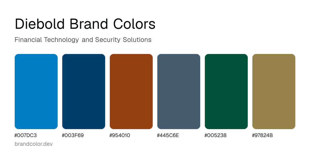 Diebold brand color palette with hex codes: #007DC3, #003F69, #954010, #445C6E, #005238, #97824B