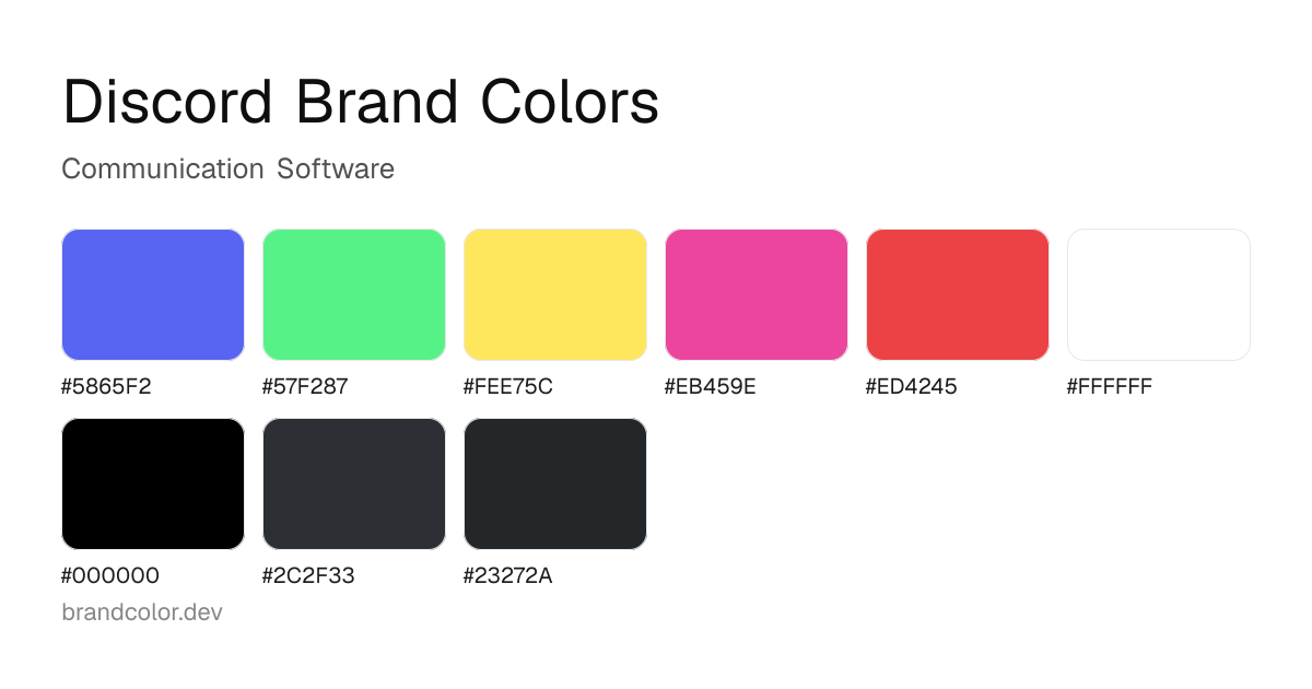 Discord brand color palette with hex codes: #5865F2, #57F287, #FEE75C, #EB459E, #ED4245, #FFFFFF, #000000, #2C2F33, #23272A