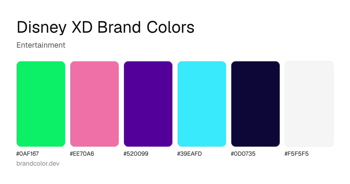 Disney XD brand color palette with hex codes: #0AF167, #EE70A6, #520099, #39EAFD, #0D0735, #F5F5F5