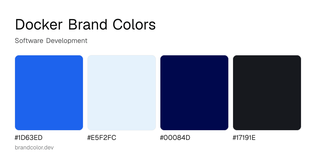 Docker brand color palette with hex codes: #1D63ED, #E5F2FC, #00084D, #17191E