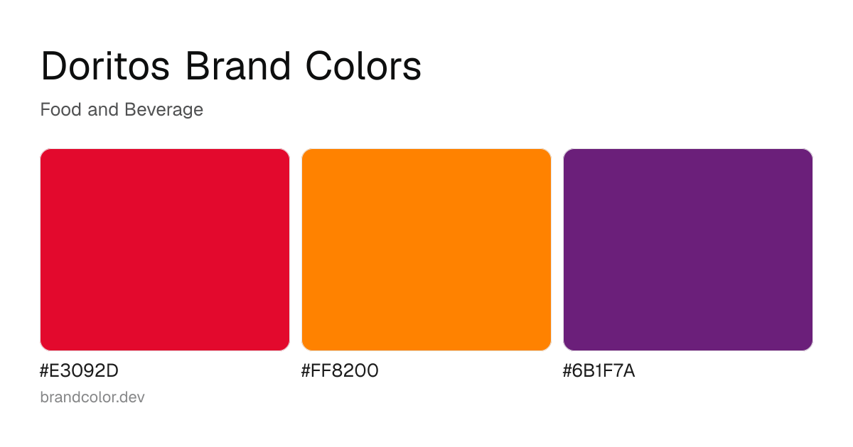 Doritos brand color palette with hex codes: #E3092D, #FF8200, #6B1F7A