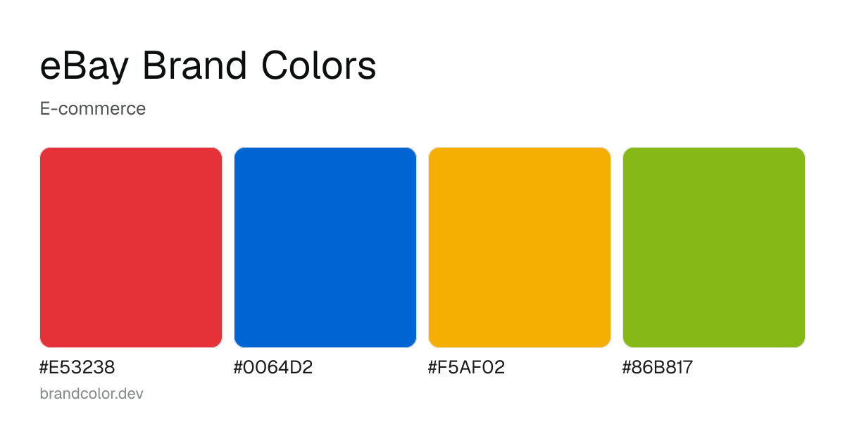 eBay brand color palette with hex codes: #E53238, #0064D2, #F5AF02, #86B817