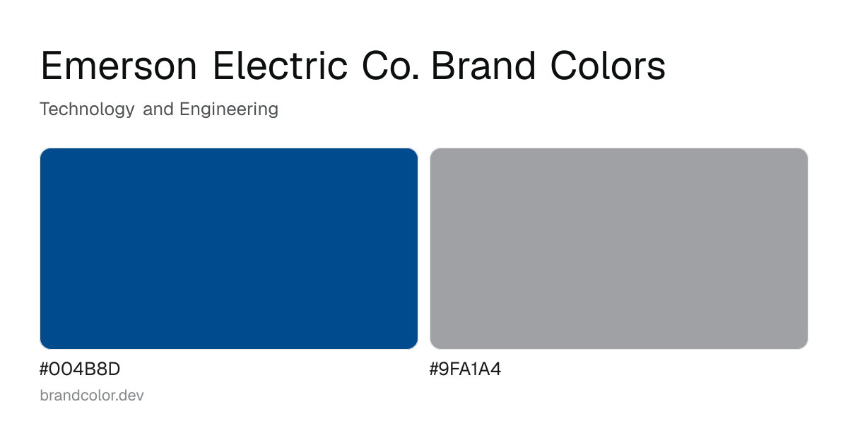 Emerson Electric Co. brand color palette with hex codes: #004B8D, #9FA1A4