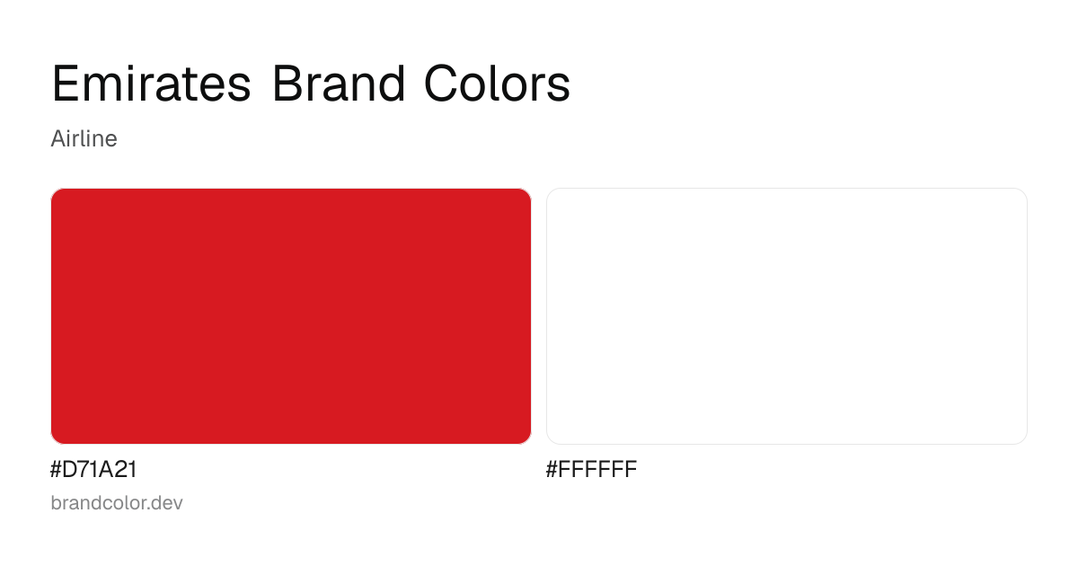Emirates brand color palette with hex codes: #D71A21, #FFFFFF