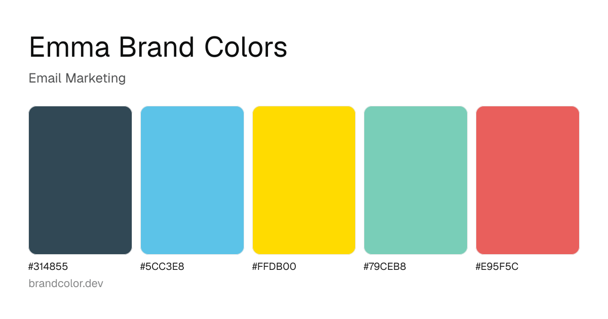 Emma brand color palette with hex codes: #314855, #5CC3E8, #FFDB00, #79CEB8, #E95F5C