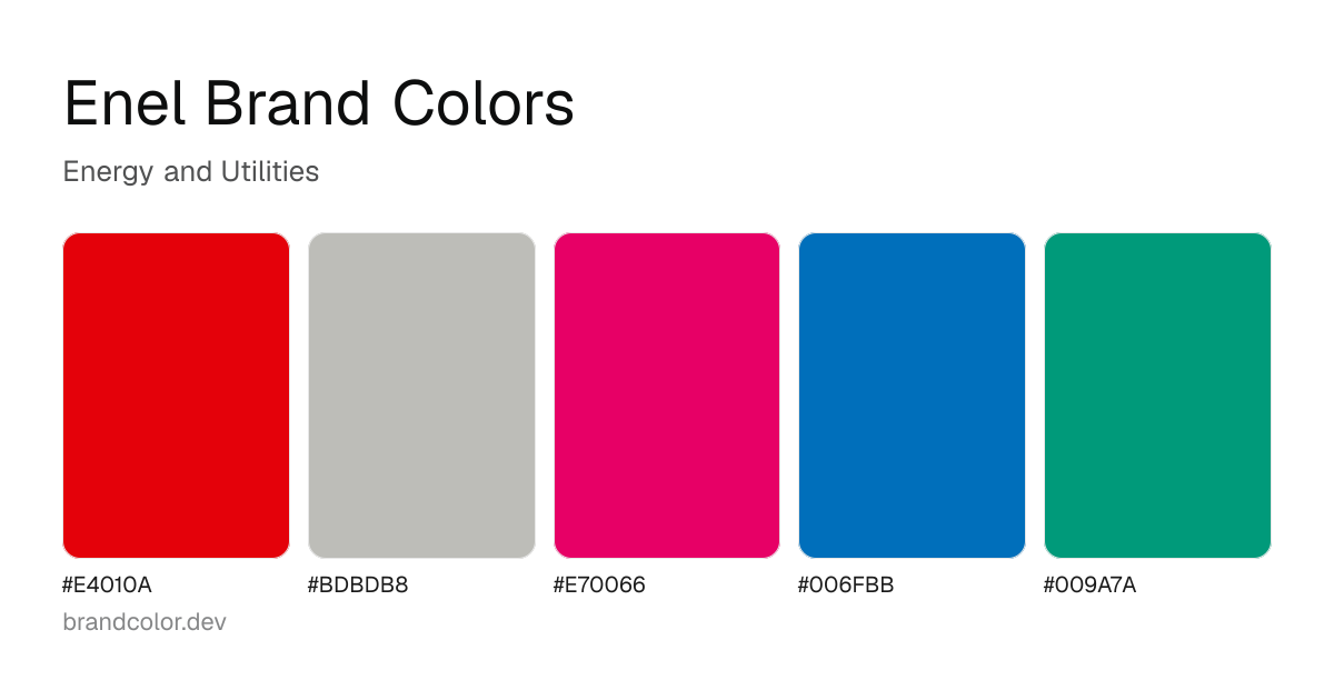 Enel brand color palette with hex codes: #E4010A, #BDBDB8, #E70066, #006FBB, #009A7A