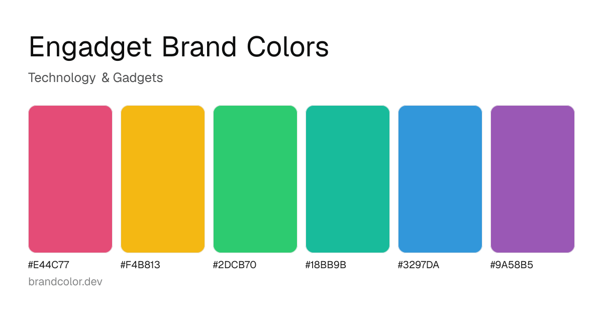 Engadget brand color palette with hex codes: #E44C77, #F4B813, #2DCB70, #18BB9B, #3297DA, #9A58B5
