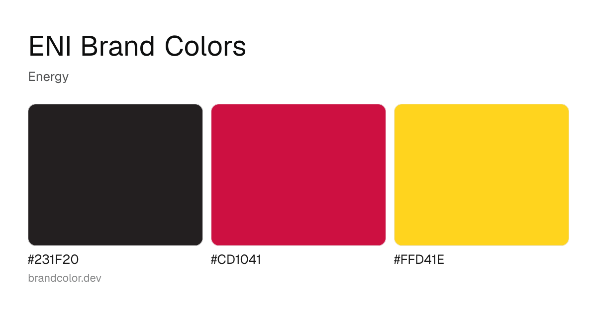 ENI brand color palette with hex codes: #231F20, #CD1041, #FFD41E