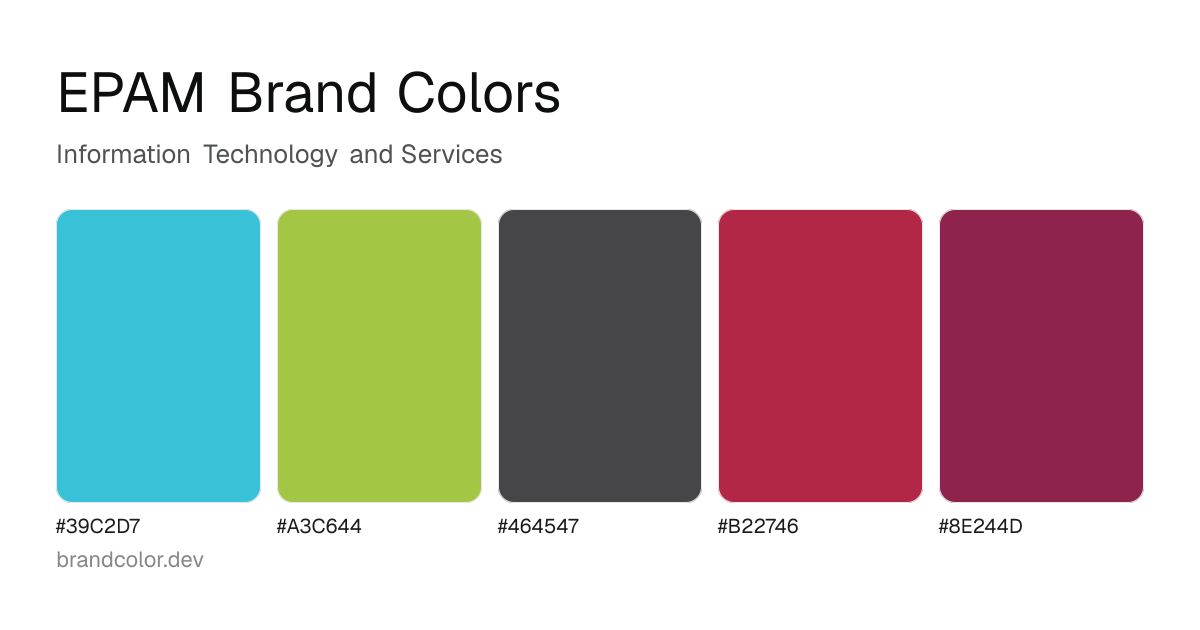 EPAM brand color palette with hex codes: #39C2D7, #A3C644, #464547, #B22746, #8E244D