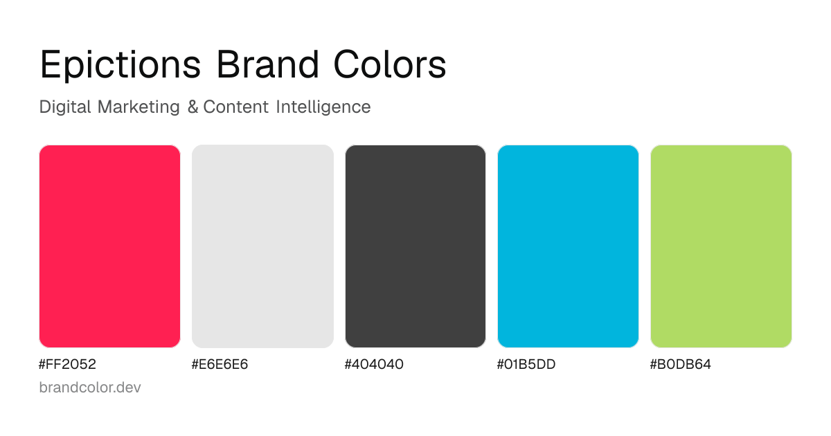 Epictions brand color palette with hex codes: #FF2052, #E6E6E6, #404040, #01B5DD, #B0DB64