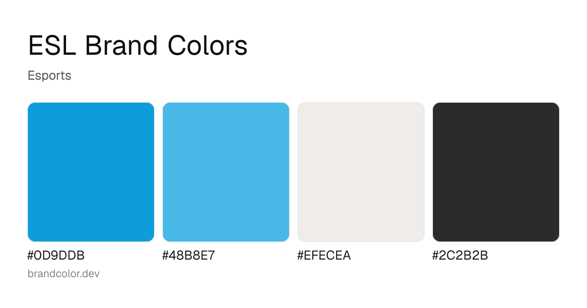 ESL brand color palette with hex codes: #0D9DDB, #48B8E7, #EFECEA, #2C2B2B