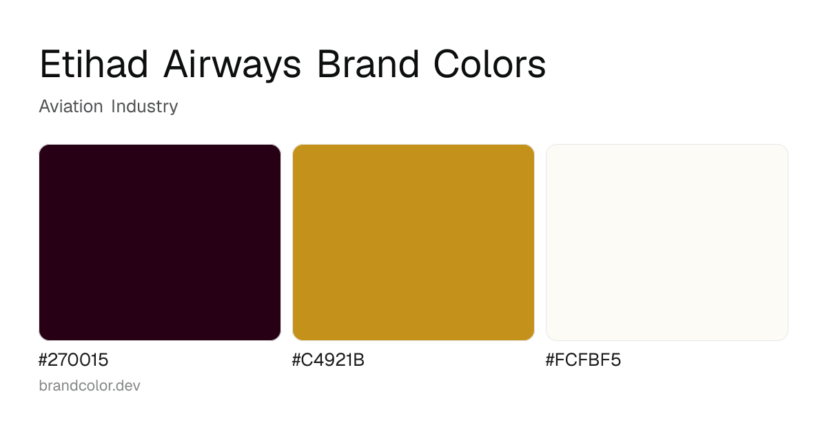 Etihad Airways brand color palette with hex codes: #270015, #C4921B, #FCFBF5