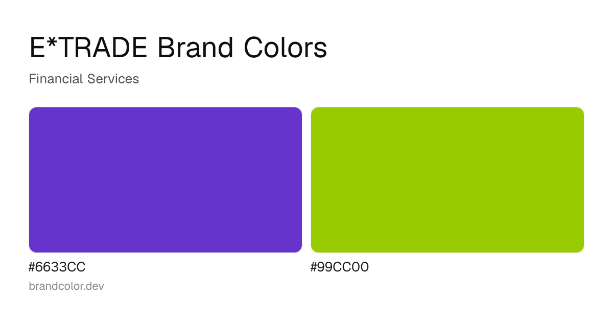 E*TRADE brand color palette with hex codes: #6633CC, #99CC00