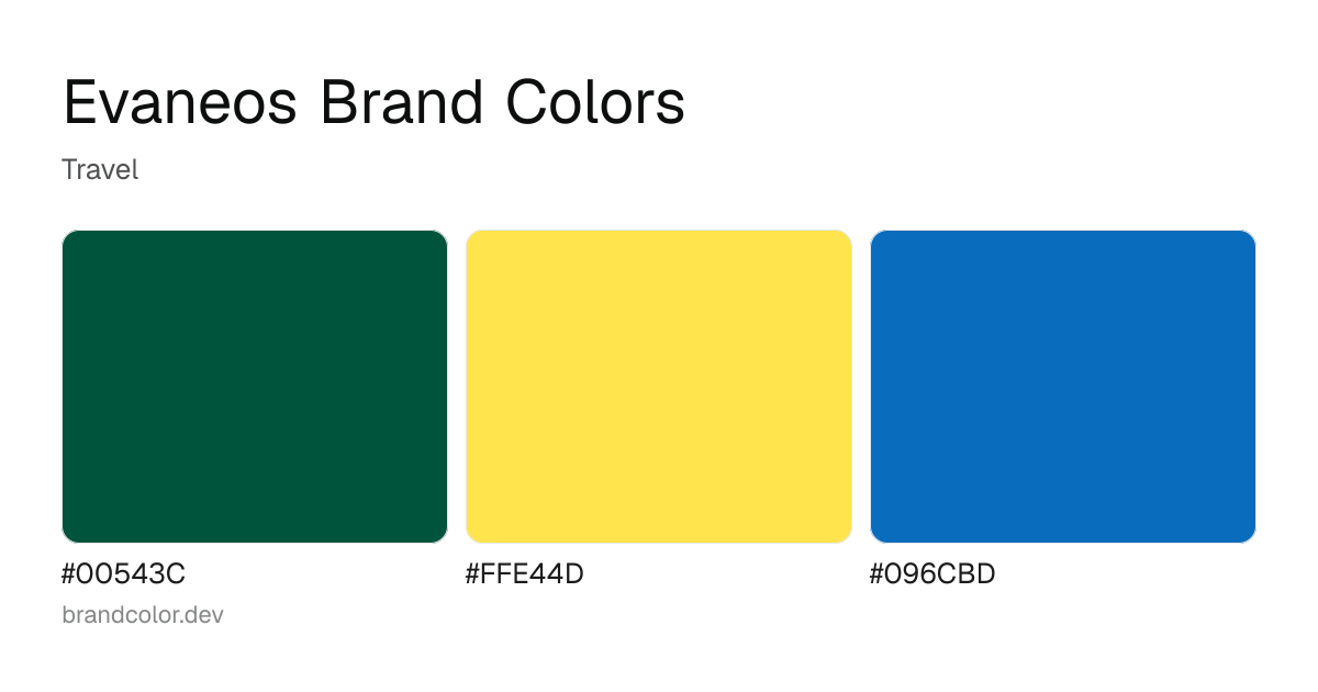 Evaneos brand color palette with hex codes: #00543C, #FFE44D, #096CBD
