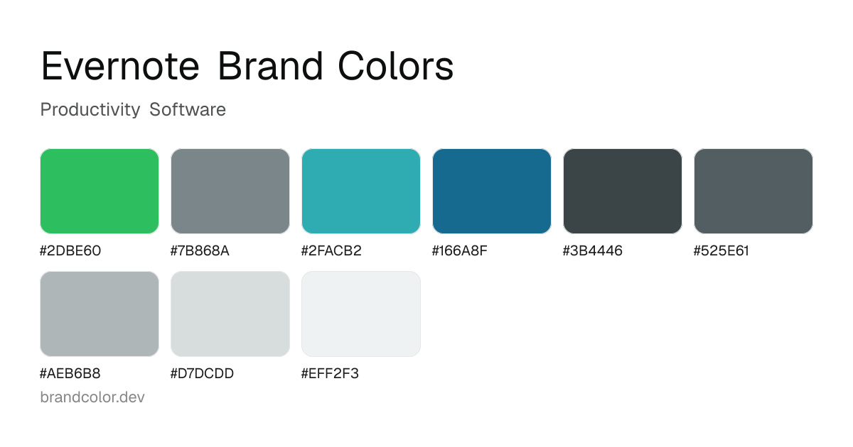 Evernote brand color palette with hex codes: #2DBE60, #7B868A, #2FACB2, #166A8F, #3B4446, #525E61, #AEB6B8, #D7DCDD, #EFF2F3