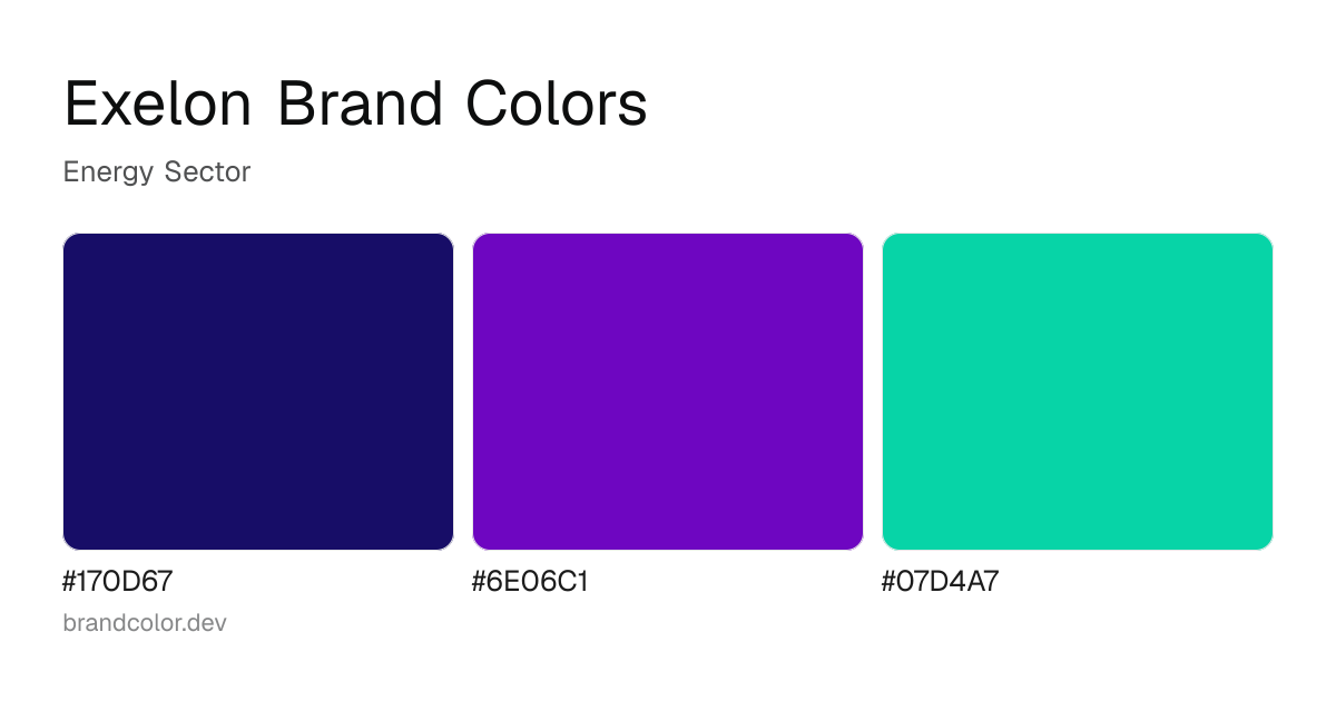 Exelon brand color palette with hex codes: #170D67, #6E06C1, #07D4A7