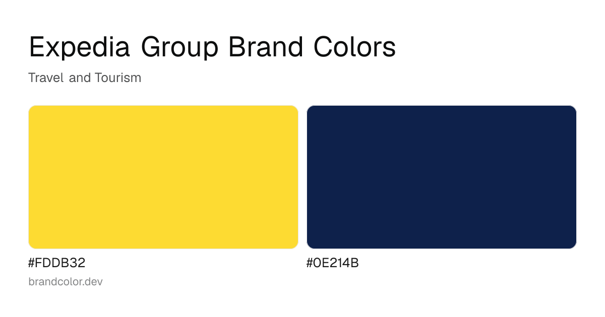 Expedia Group brand color palette with hex codes: #FDDB32, #0E214B
