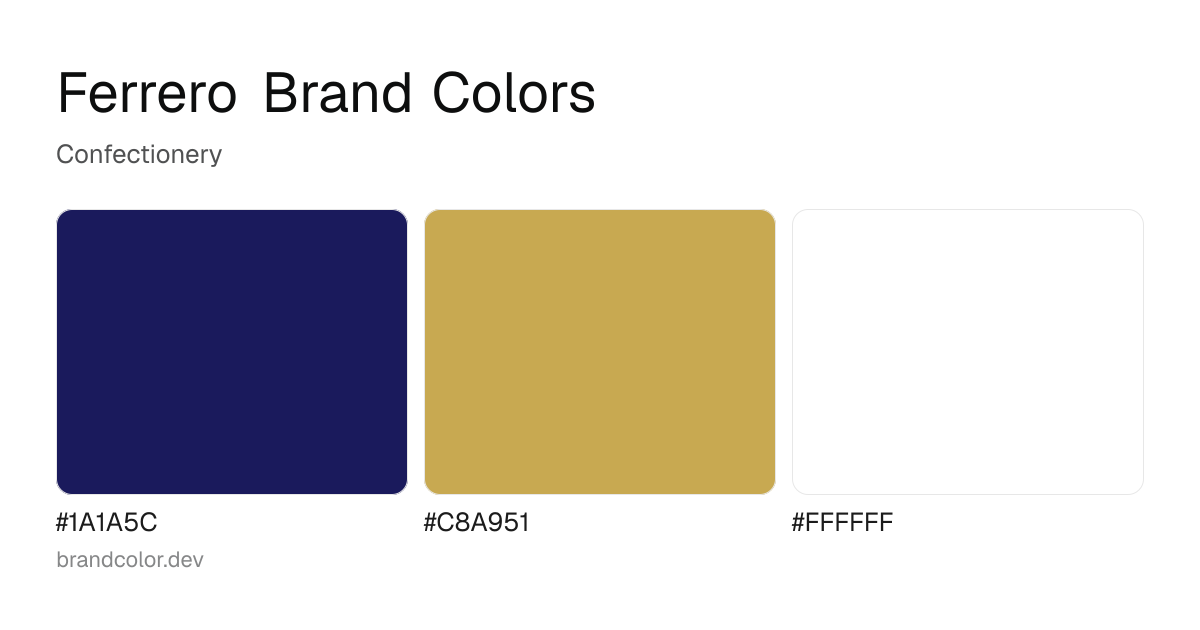 Ferrero brand color palette with hex codes: #1A1A5C, #C8A951, #FFFFFF