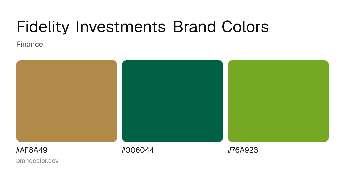 Fidelity Investments brand color palette with hex codes: #AF8A49, #006044, #76A923