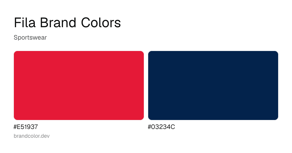 Fila brand color palette with hex codes: #E51937, #03234C