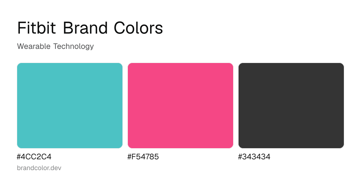 Fitbit brand color palette with hex codes: #4CC2C4, #F54785, #343434