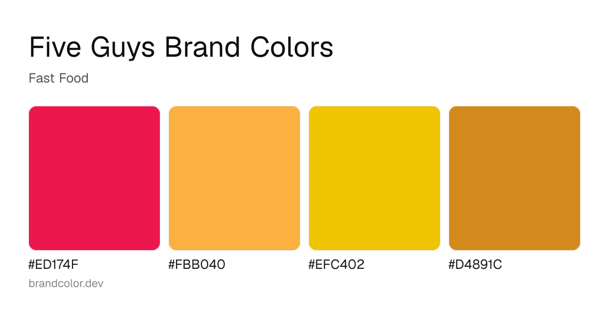 Five Guys brand color palette with hex codes: #ED174F, #FBB040, #EFC402, #D4891C