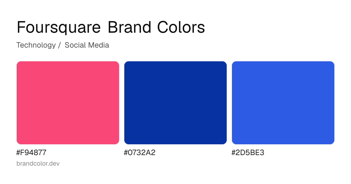 Foursquare brand color palette with hex codes: #F94877, #0732A2, #2D5BE3